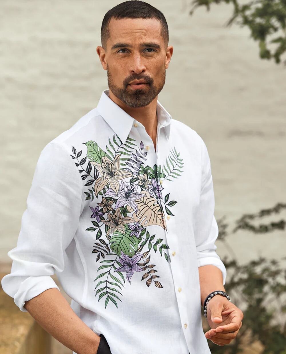 Paul Frederick 100% Linen White w/ Floral Pattern Slim Fit S